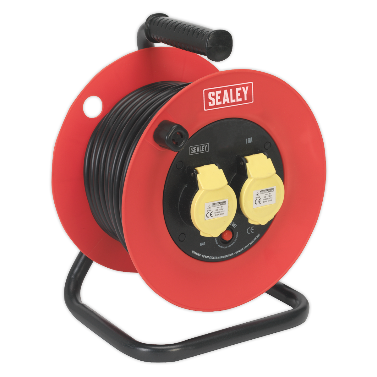 A Sealey Cable Reel 25m 2 x 110V 1.5mm² Heavy-Duty Thermal Trip - CR12515, featuring a handle, two yellow 110V power sockets, mounted on an impact-resistant drum in red and black for electrical connections.