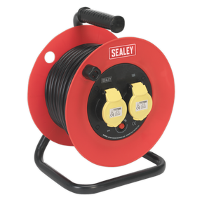 A Sealey Cable Reel 25m 2 x 110V 1.5mm² Heavy-Duty Thermal Trip - CR12515, featuring a handle, two yellow 110V power sockets, mounted on an impact-resistant drum in red and black for electrical connections.