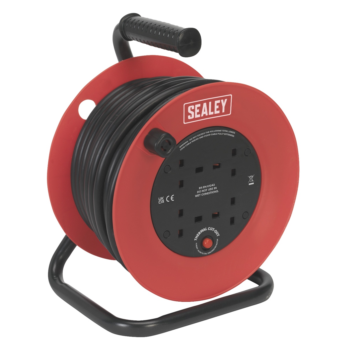 A Sealey Cable Reel 25m, CR22525 model, equipped with four 230V power sockets and an impact-resistant drum, features a handle and durable 2.5mm² heavy-duty thermal trip cables in red and black.