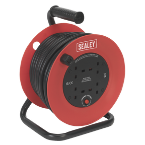 A Sealey Cable Reel 25m, CR22525 model, equipped with four 230V power sockets and an impact-resistant drum, features a handle and durable 2.5mm² heavy-duty thermal trip cables in red and black.