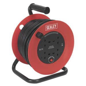 A Sealey Cable Reel 25m, CR22525 model, equipped with four 230V power sockets and an impact-resistant drum, features a handle and durable 2.5mm² heavy-duty thermal trip cables in red and black.