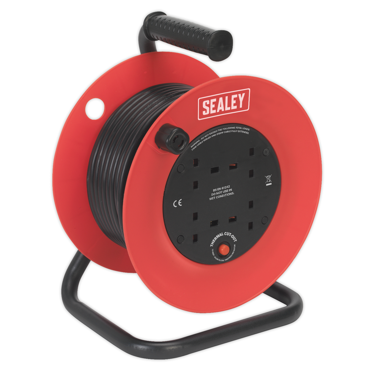 A Sealey Cable Reel 25m 4 x 230V 1.5mm² Heavy-Duty Thermal Trip - CR25/1.5 in red and black, featuring multiple power sockets and a wound-up cable, is sitting on a black stand. This model comes with an impact-resistant drum and offers thermal overload protection for added safety.