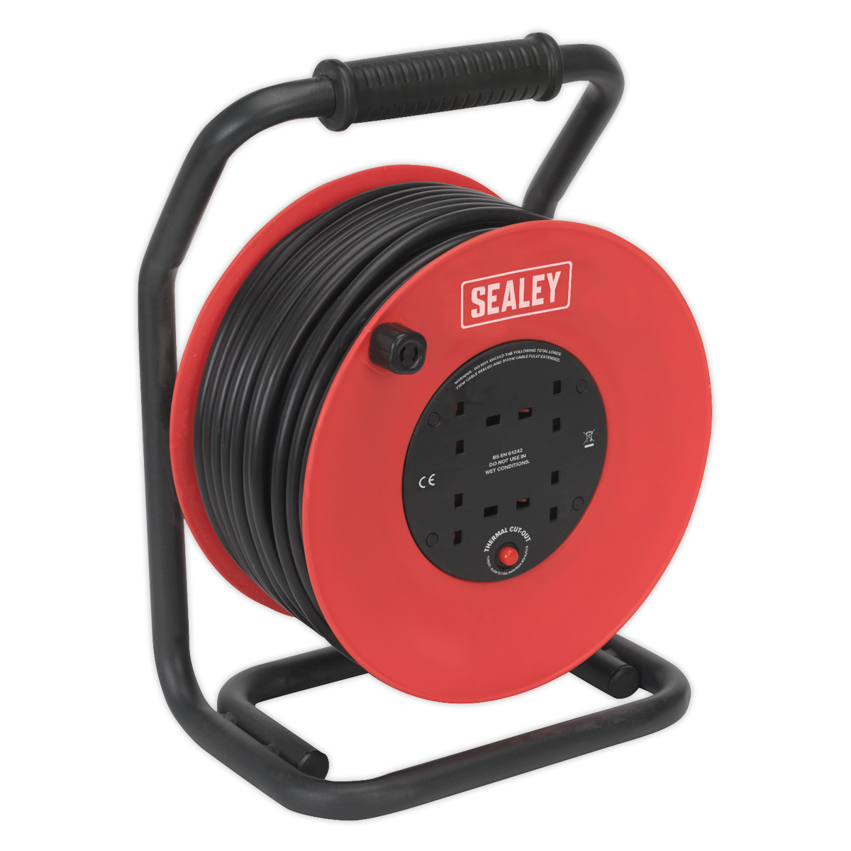 A red and black Sealey Cable Reel 50m 4 x 230V 2.5mm² Heavy-Duty Thermal Trip - CR25025, equipped with a handle, features a four-socket extension, thermal overload protection, and a retractable 3-core cable.