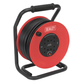 A red and black Sealey Cable Reel 50m 4 x 230V 2.5mm² Heavy-Duty Thermal Trip - CR25025, equipped with a handle, features a four-socket extension, thermal overload protection, and a retractable 3-core cable.