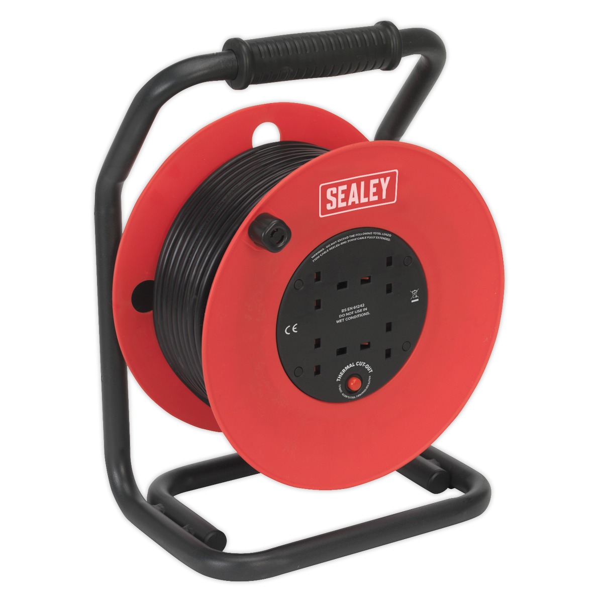 A Sealey CR50/1.5 cable reel in red, equipped with a black handle and stand, featuring four 230V power sockets, a 50m heavy-duty thermal trip, and an impact-resistant drum.