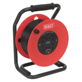 A Sealey CR50/1.5 cable reel in red, equipped with a black handle and stand, featuring four 230V power sockets, a 50m heavy-duty thermal trip, and an impact-resistant drum.