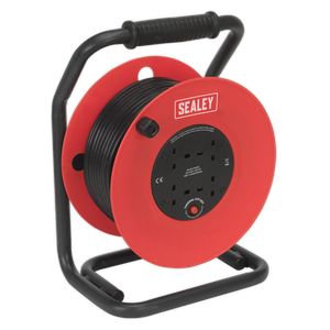 A Sealey CR50/1.5 cable reel in red, equipped with a black handle and stand, featuring four 230V power sockets, a 50m heavy-duty thermal trip, and an impact-resistant drum.