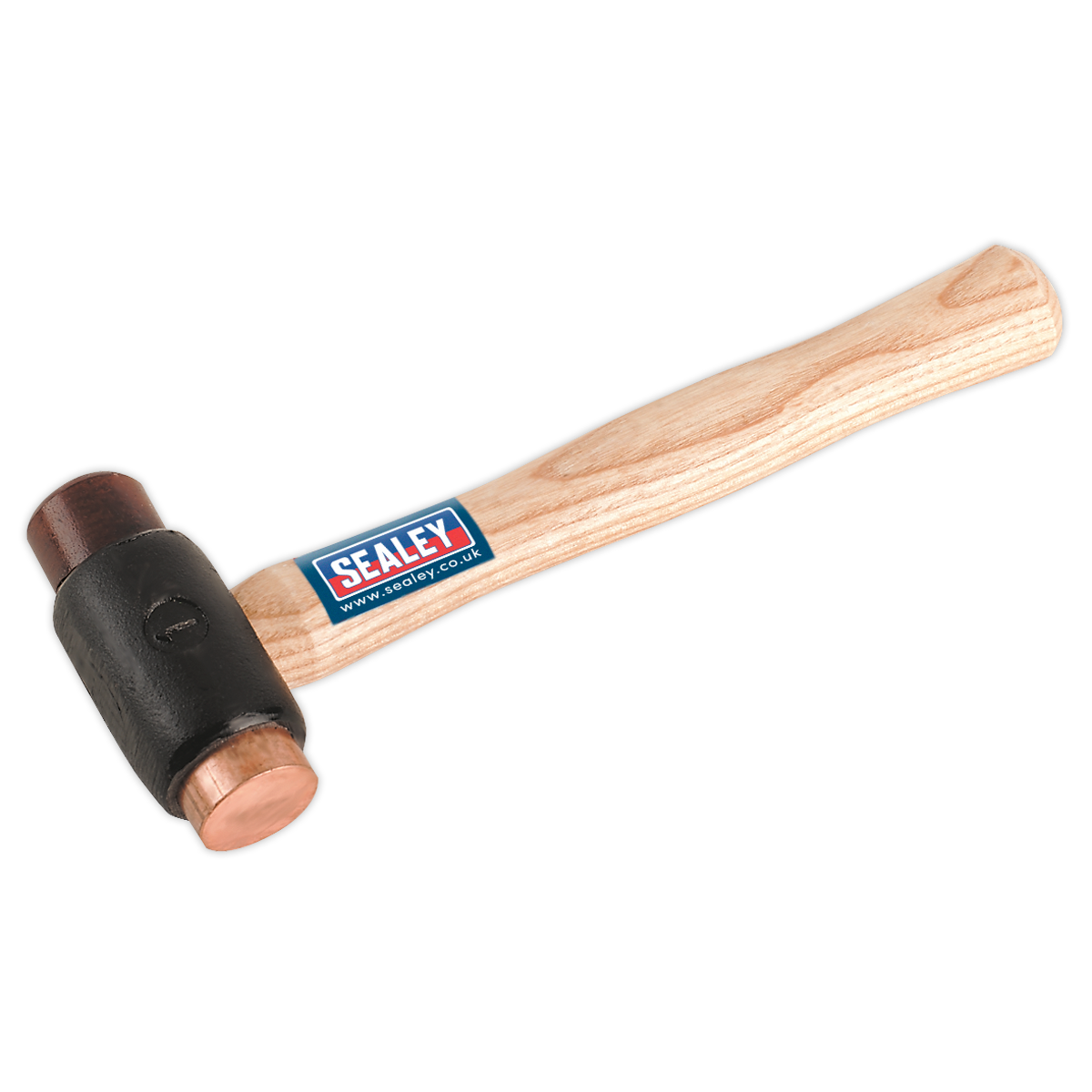 A Sealey Copper/Rawhide Faced Hammer 1.5lb, model CRF15, featuring a hickory shaft and an electrolytic copper face with the proud Sealey branding on a blue label.