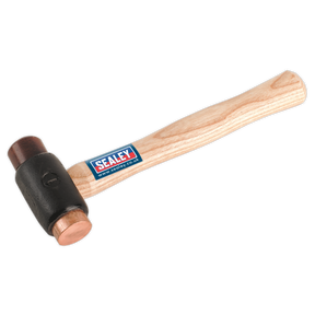 A Sealey Copper/Rawhide Faced Hammer 1.5lb, model CRF15, featuring a hickory shaft and an electrolytic copper face with the proud Sealey branding on a blue label.