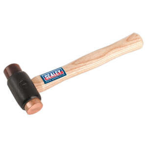 A Sealey Copper/Rawhide Faced Hammer 1.5lb, model CRF15, featuring a hickory shaft and an electrolytic copper face with the proud Sealey branding on a blue label.