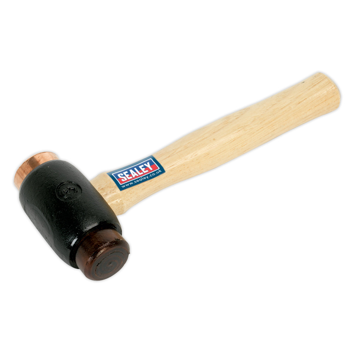 A hammer with a Hickory shaft and a black mallet head featuring the Sealey logo on the side, complemented by Premier Hand Tools quality, specifically the Copper/Rawhide Faced Hammer 3.5lb - CRF35.