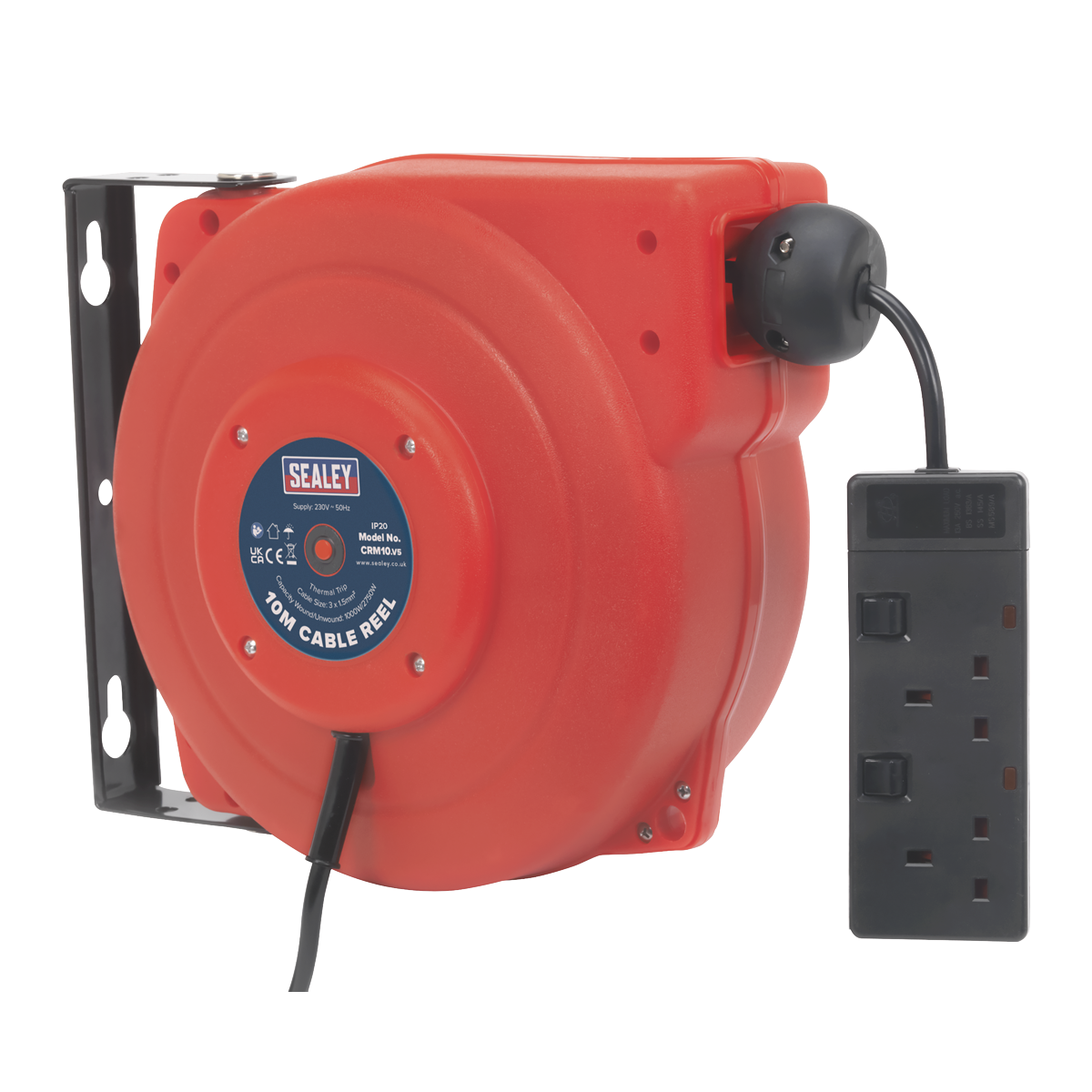 A Sealey Cable Reel System Retractable 10m, model CRM10, with two 230V sockets attached. The red cable reel, which includes a thermal trip switch for safety, is mounted on a black bracket.