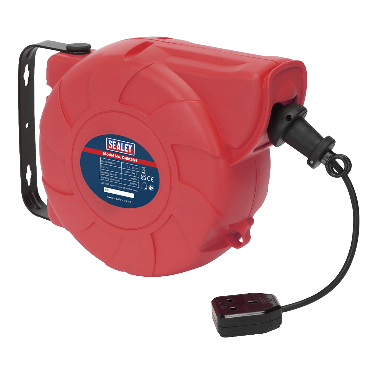 A Sealey Cable Reel System Retractable 25m 1 x 230V Socket (CRM251) featuring a red durable composite housing, black mounting bracket, black cord, and a single socket outlet.