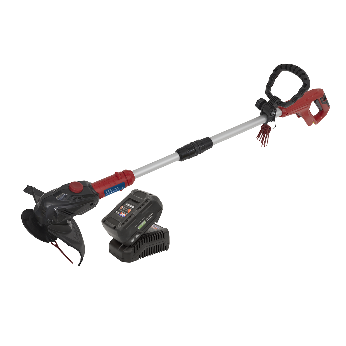 The Sealey Strimmer Cordless 20V SV20 Series with 4Ah Battery & Charger - CS20VCOMBO4 features a red and black handle, an adjustable shaft, a battery, and a charger. Plus, one battery fits all your tools for maximum convenience.