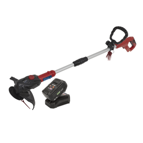 The Sealey Strimmer Cordless 20V SV20 Series with 4Ah Battery & Charger - CS20VCOMBO4 features a red and black handle, an adjustable shaft, a battery, and a charger. Plus, one battery fits all your tools for maximum convenience.