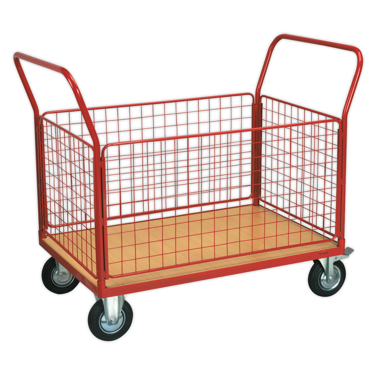 The Platform Truck with 4 Removable Sides 300kg 1200 x 800mm - CST773 by Sealey is a red metal utility cart featuring four wheels, a wooden base, and wire mesh panels. Ideal for industrial applications, the cart is equipped with two handles for easy maneuverability.