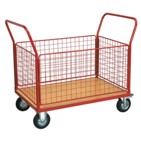 The Platform Truck with 4 Removable Sides 300kg 1200 x 800mm - CST773 by Sealey is a red metal utility cart featuring four wheels, a wooden base, and wire mesh panels. Ideal for industrial applications, the cart is equipped with two handles for easy maneuverability.