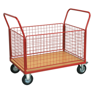 The Platform Truck with 4 Removable Sides 300kg 1200 x 800mm - CST773 by Sealey is a red metal utility cart featuring four wheels, a wooden base, and wire mesh panels. Ideal for industrial applications, the cart is equipped with two handles for easy maneuverability.