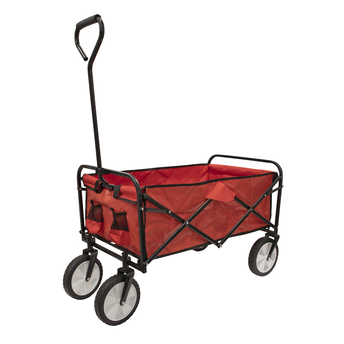 The Sealey Canvas Trolley 70kg Capacity Folding – CST802 features a collapsible red fabric design, a medium duty tubular steel frame, four black wheels, and a black handle for pulling. It has a maximum capacity of 70kg.