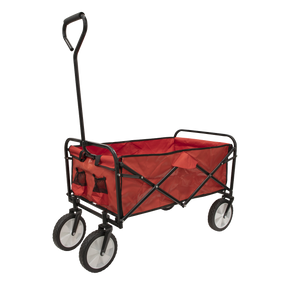 The Sealey Canvas Trolley 70kg Capacity Folding – CST802 features a collapsible red fabric design, a medium duty tubular steel frame, four black wheels, and a black handle for pulling. It has a maximum capacity of 70kg.