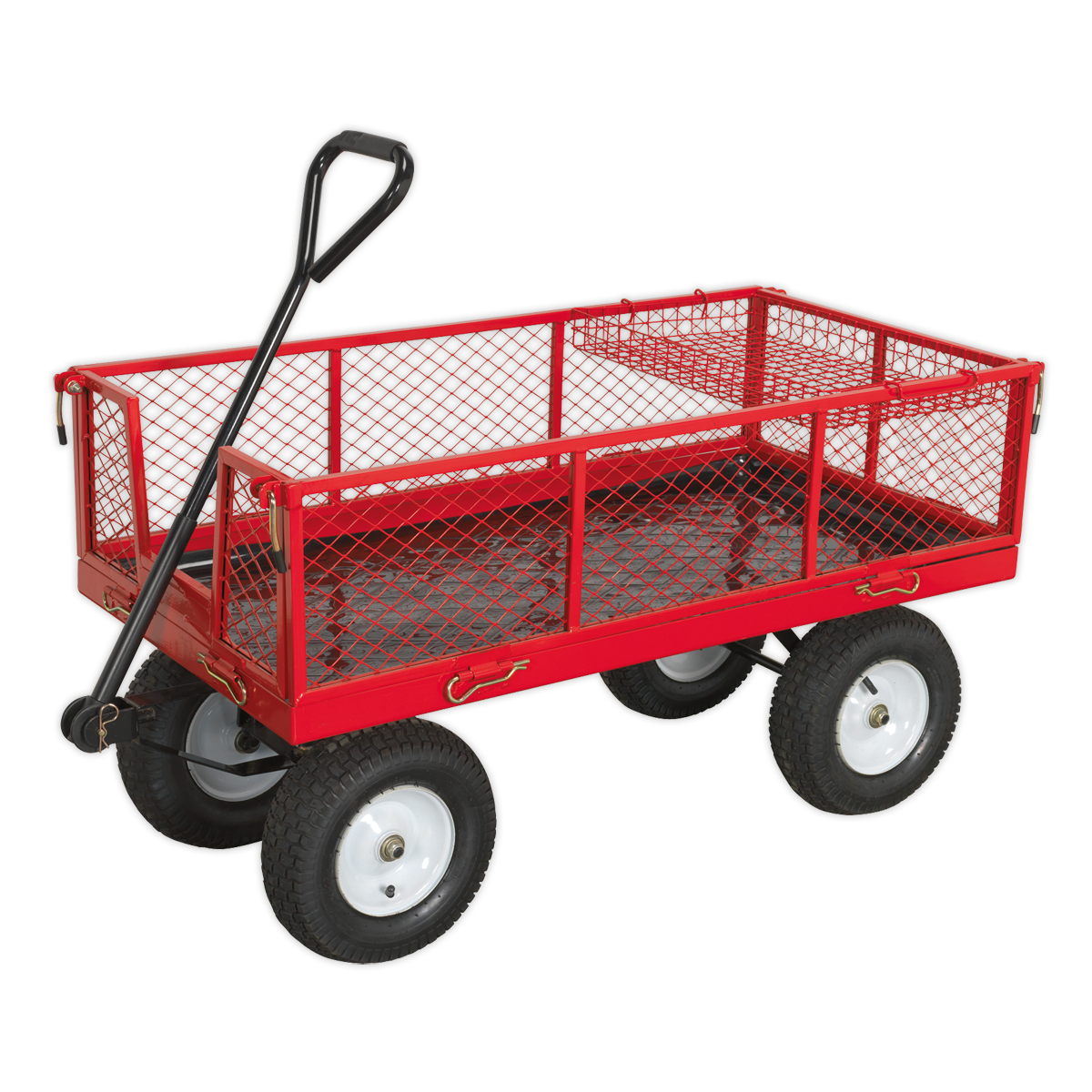 The Platform Truck with Sides Pneumatic Tyres 450kg Capacity - CST806 by Sealey features a red metal body, a black handle, white-rimmed pneumatic tires, and rust-resistant steel mesh drop-down sides for added convenience.