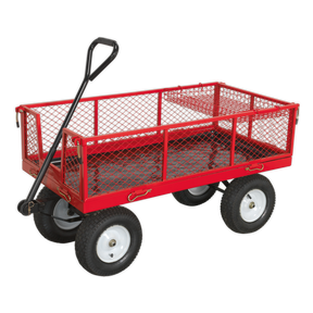 The Platform Truck with Sides Pneumatic Tyres 450kg Capacity - CST806 by Sealey features a red metal body, a black handle, white-rimmed pneumatic tires, and rust-resistant steel mesh drop-down sides for added convenience.
