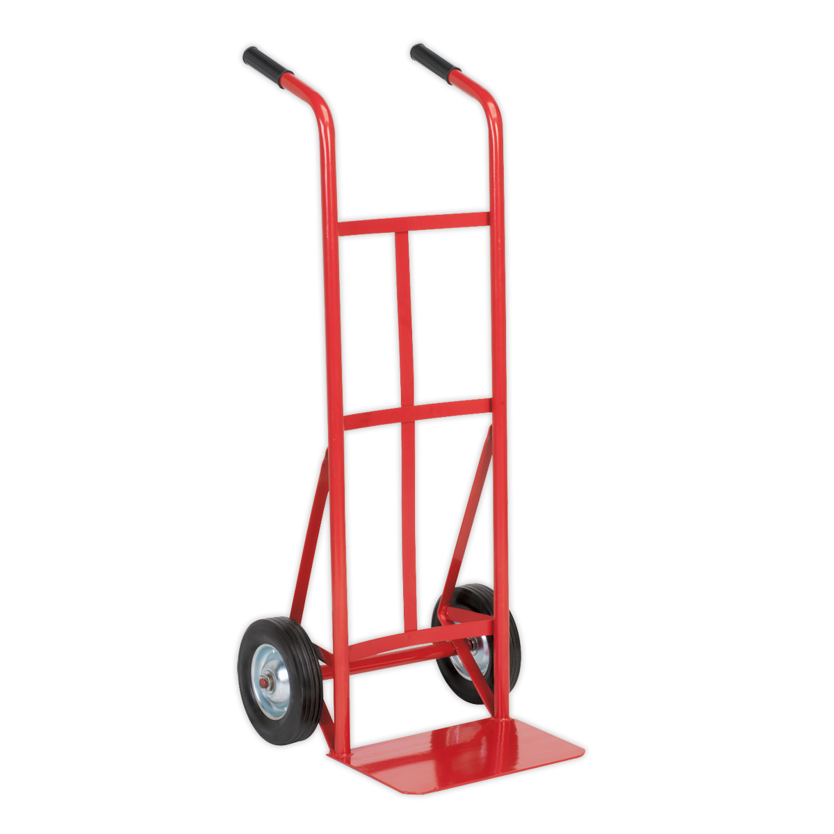 The Sack Truck with Solid Tyres 150kg Capacity - CST983 by Sealey features a red frame, black handles, and heavy-duty solid rubber wheels. Designed for effortlessly moving heavy loads, its robust tubular steel construction ensures durability and reliability.