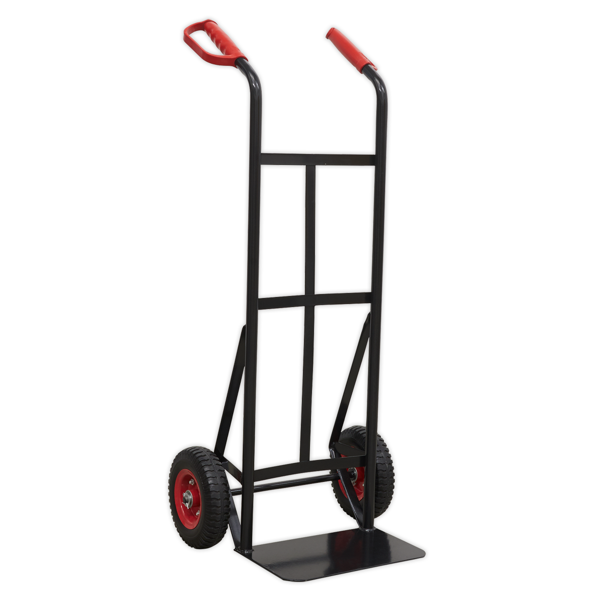 The Sealey Heavy-Duty Sack Truck, model CST983HD, features red D-shaped handle grips and solid PU tyres in black, designed to efficiently move heavy objects with a 200kg capacity.