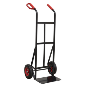 The Sealey Heavy-Duty Sack Truck, model CST983HD, features red D-shaped handle grips and solid PU tyres in black, designed to efficiently move heavy objects with a 200kg capacity.