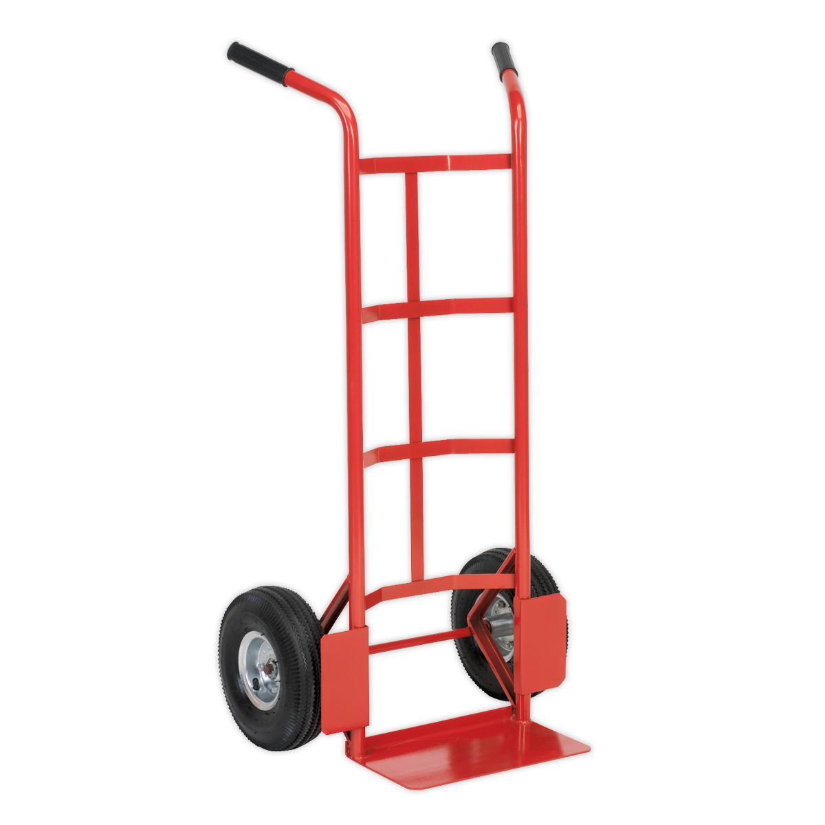 The Sealey Sack Truck with Pneumatic Tyres 200kg Capacity - CST986 is a red and black hand truck with a tubular steel frame, featuring two large black pneumatic tyres and a flat base for lifting and transporting items.