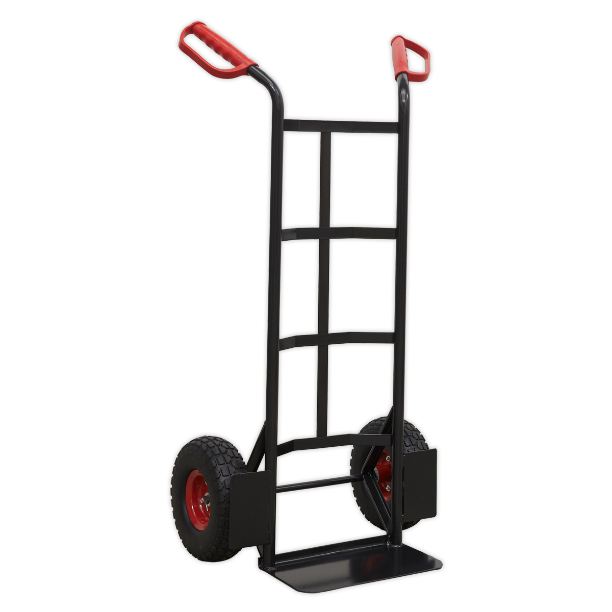 The Sealey Heavy-Duty Sack Truck with PU Tyres 250kg Capacity - CST986HD, featuring a black frame, red handles, and red wheels with durable polyurethane tyres, stands upright on a white background.