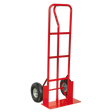 The Sealey Sack Truck Pneumatic Tyres 250kg Capacity - CST988, featuring a red steel frame and two pneumatic tires, is perfect for moving heavy objects over uneven surfaces.