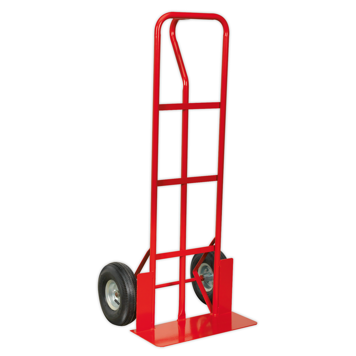 The Sealey Sack Truck Pneumatic Tyres 250kg Capacity - CST988, featuring a red steel frame and two pneumatic tires, is perfect for moving heavy objects over uneven surfaces.