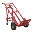 The Sealey Sack Truck 3-in-1 with Pneumatic Tyres (CST989) boasts a 250kg capacity and features a red color, four wheels, a foldable toe plate, and heavy-duty pneumatic tyres, specifically designed for transporting bulky or heavy items.