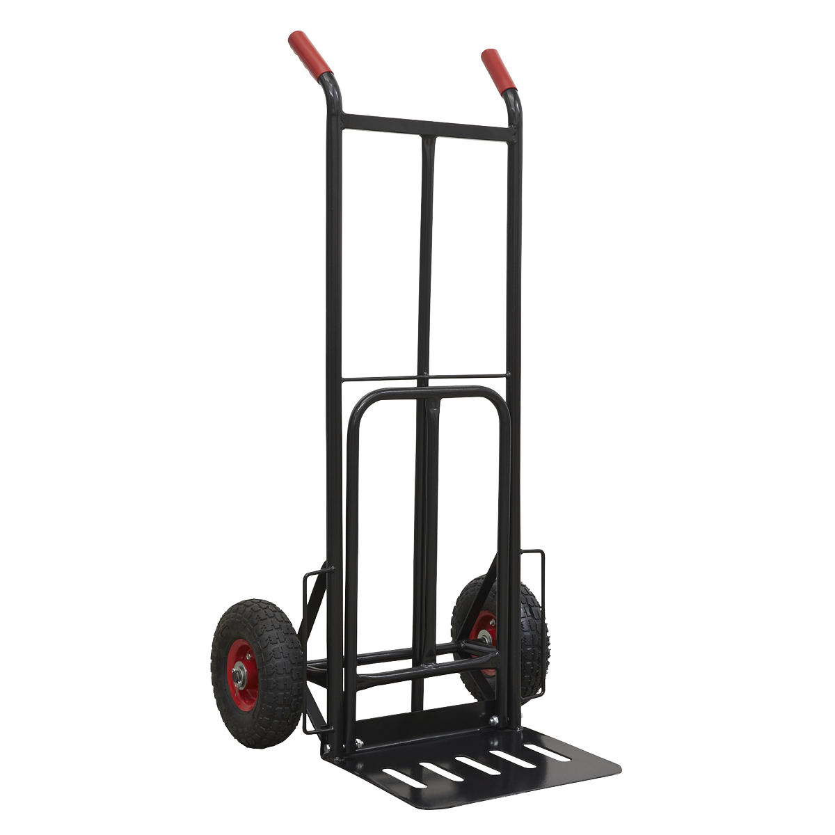 The Sealey Heavy-Duty Sack Truck with PU Tyres (300kg Capacity - CST990HD) comes in black and features red handles, solid polyurethane tyres, and a foldaway toe plate.
