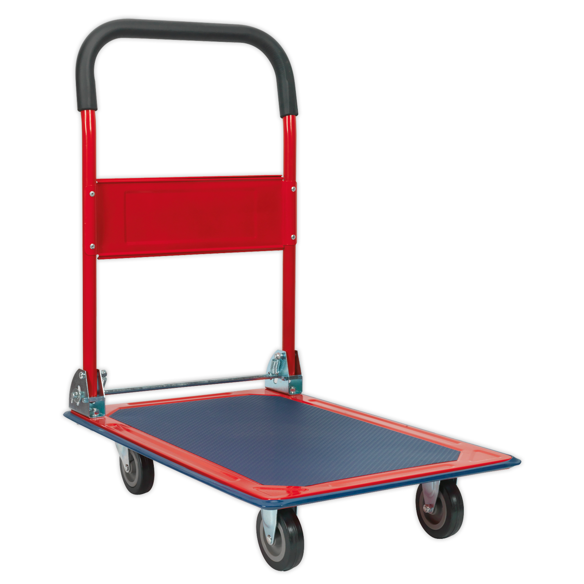 Sealey's CST991 Platform Truck 150kg Capacity features a red and black design with four wheels, a rubberized deck, and fold-flat handles for easy storage.