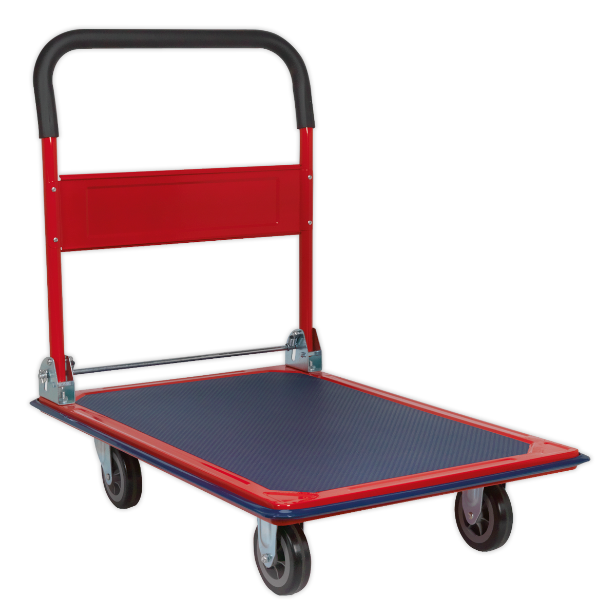 The Sealey Platform Truck 300kg Capacity - CST992 features a red and black design with a four-wheel configuration, a rubberised deck for a non-slip surface, and a foldable handle. It is ideal for warehouse applications.