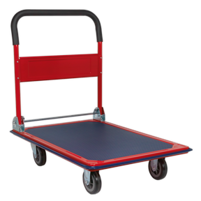 The Sealey Platform Truck 300kg Capacity - CST992 features a red and black design with a four-wheel configuration, a rubberised deck for a non-slip surface, and a foldable handle. It is ideal for warehouse applications.