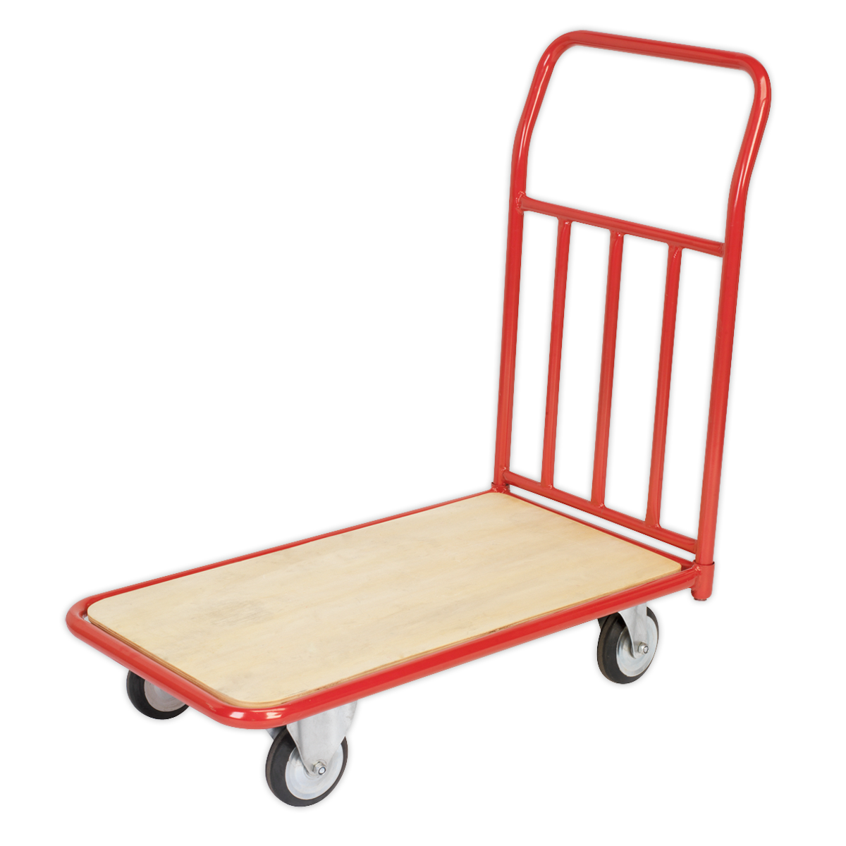 A Sealey Platform Truck 250kg Capacity Heavy-Duty CST993 in red, featuring a wooden deck with a flat platform and four wheels, equipped with a tubular steel bumper for added protection.