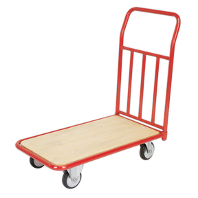 A Sealey Platform Truck 250kg Capacity Heavy-Duty CST993 in red, featuring a wooden deck with a flat platform and four wheels, equipped with a tubular steel bumper for added protection.