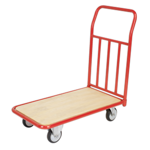 A Sealey Platform Truck 250kg Capacity Heavy-Duty CST993 in red, featuring a wooden deck with a flat platform and four wheels, equipped with a tubular steel bumper for added protection.