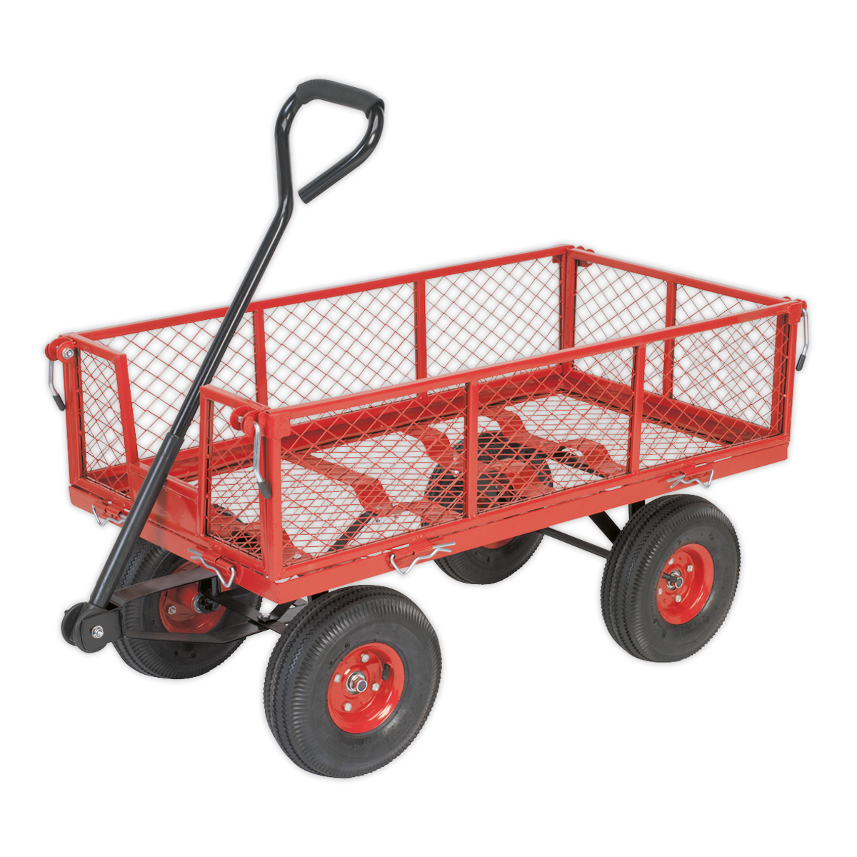 The Sealey Platform Truck with Removable Sides, featuring a durable red metal mesh body, a black handle, pneumatic wheels, and a heavy-duty steel frame, boasts four black tires and removable sides.