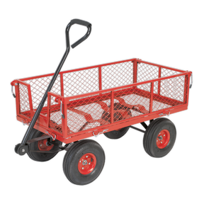 The Sealey Platform Truck with Removable Sides, featuring a durable red metal mesh body, a black handle, pneumatic wheels, and a heavy-duty steel frame, boasts four black tires and removable sides.