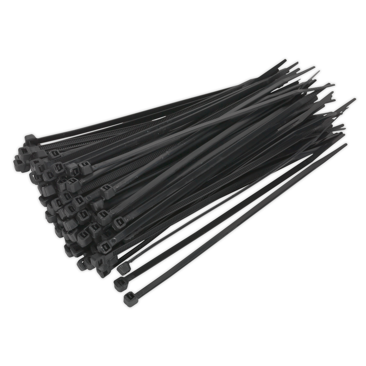 A pack of 100 Sealey Cable Tie 150 x 3.6mm Black ties is neatly arranged, fanned out and overlapping, ready for use in securing or organizing cables and other items in workshop applications.