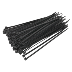 A pack of 100 Sealey Cable Tie 150 x 3.6mm Black ties is neatly arranged, fanned out and overlapping, ready for use in securing or organizing cables and other items in workshop applications.