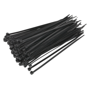 A pack of 100 Sealey Cable Tie 150 x 3.6mm Black ties is neatly arranged, fanned out and overlapping, ready for use in securing or organizing cables and other items in workshop applications.