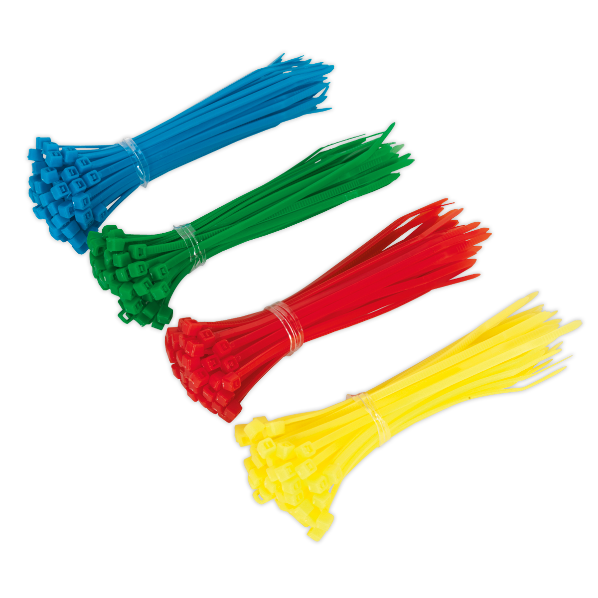 Sealey's Cable Tie Assortment 100 x 2.5mm Pack of 200 - CT200 is available in blue, green, red, and yellow, bundled together in separate groups.