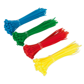 Sealey's Cable Tie Assortment 100 x 2.5mm Pack of 200 - CT200 is available in blue, green, red, and yellow, bundled together in separate groups.