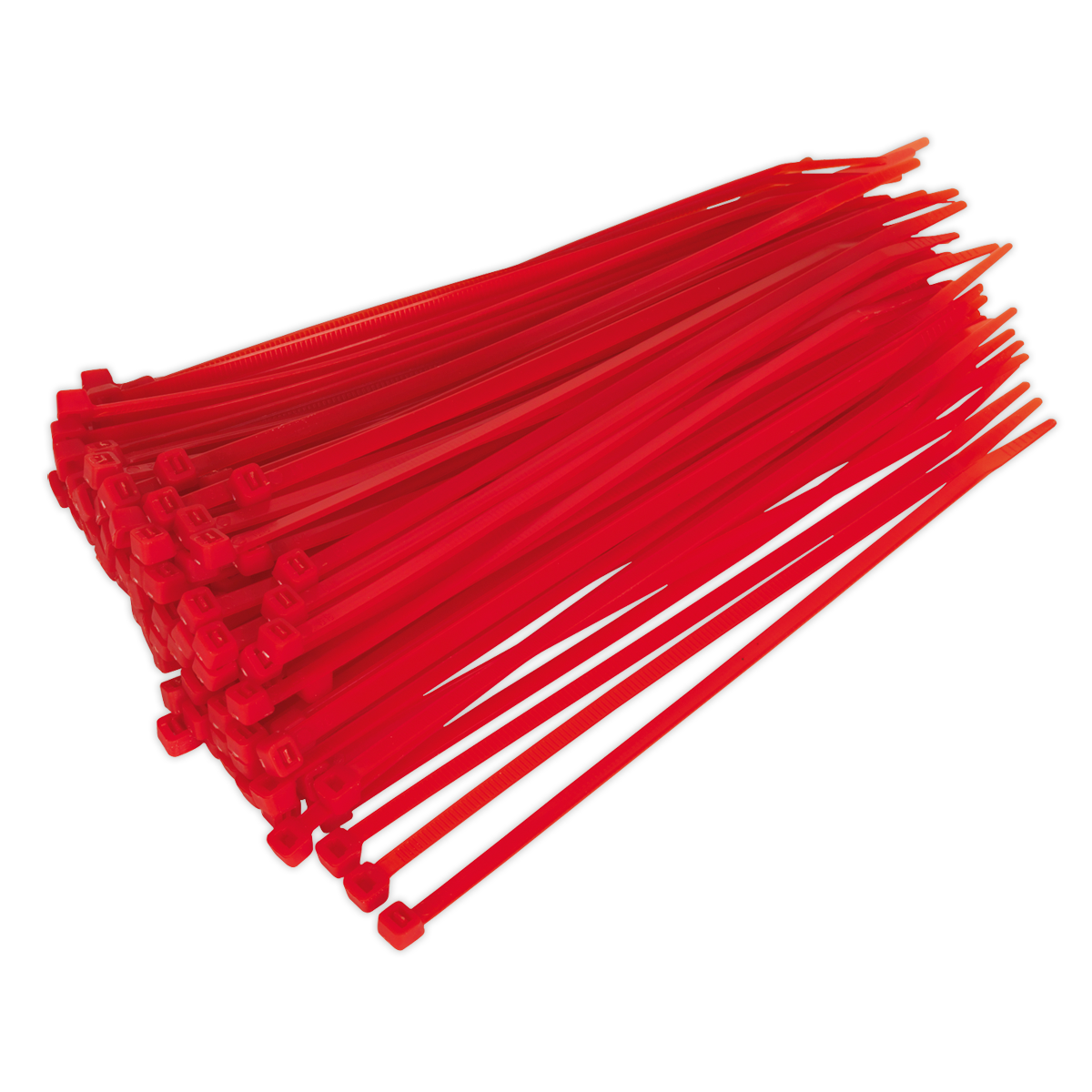 A pack of 100 red cable ties, made from nylon 66, neatly arranged for various workshop applications – Sealey Cable Tie 200 x 4.4mm Red CT20048P100R.