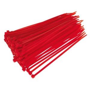 A pack of 100 red cable ties, made from nylon 66, neatly arranged for various workshop applications – Sealey Cable Tie 200 x 4.4mm Red CT20048P100R.